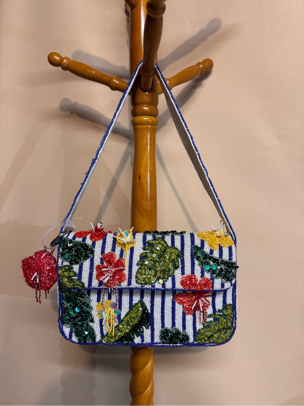Handcrafted in India Hibiscus Flower Tropical Print Beaded Floral Shoulder Bag